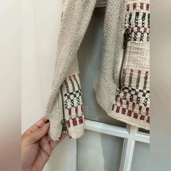 Lucky Brand | Cream Embroidered Knit Jaquered Zip Boho Motorcycle Jacket Size S - Picture 8 of 12